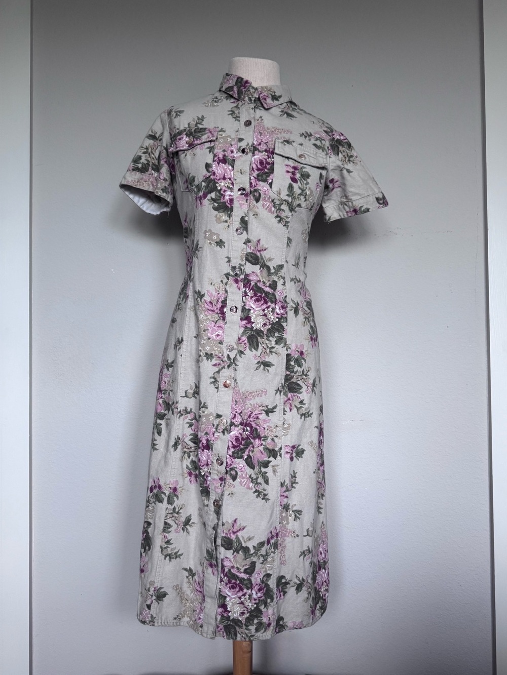 Vintage 90s Stonebridge Floral Denim Maxi Shirtwaist Dress